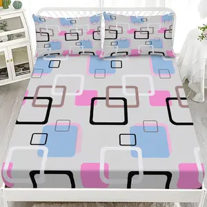 Fitted sheet and pillowcase set (3 pieces) - 2D Flat Printing Colorful Square Pattern Patterned mattress protector set in ten sizes (1 fitted sheet + 2 pillowcases, without inserts), soft and comfortable bed sheets and bedding, suitable for home bedrooms.