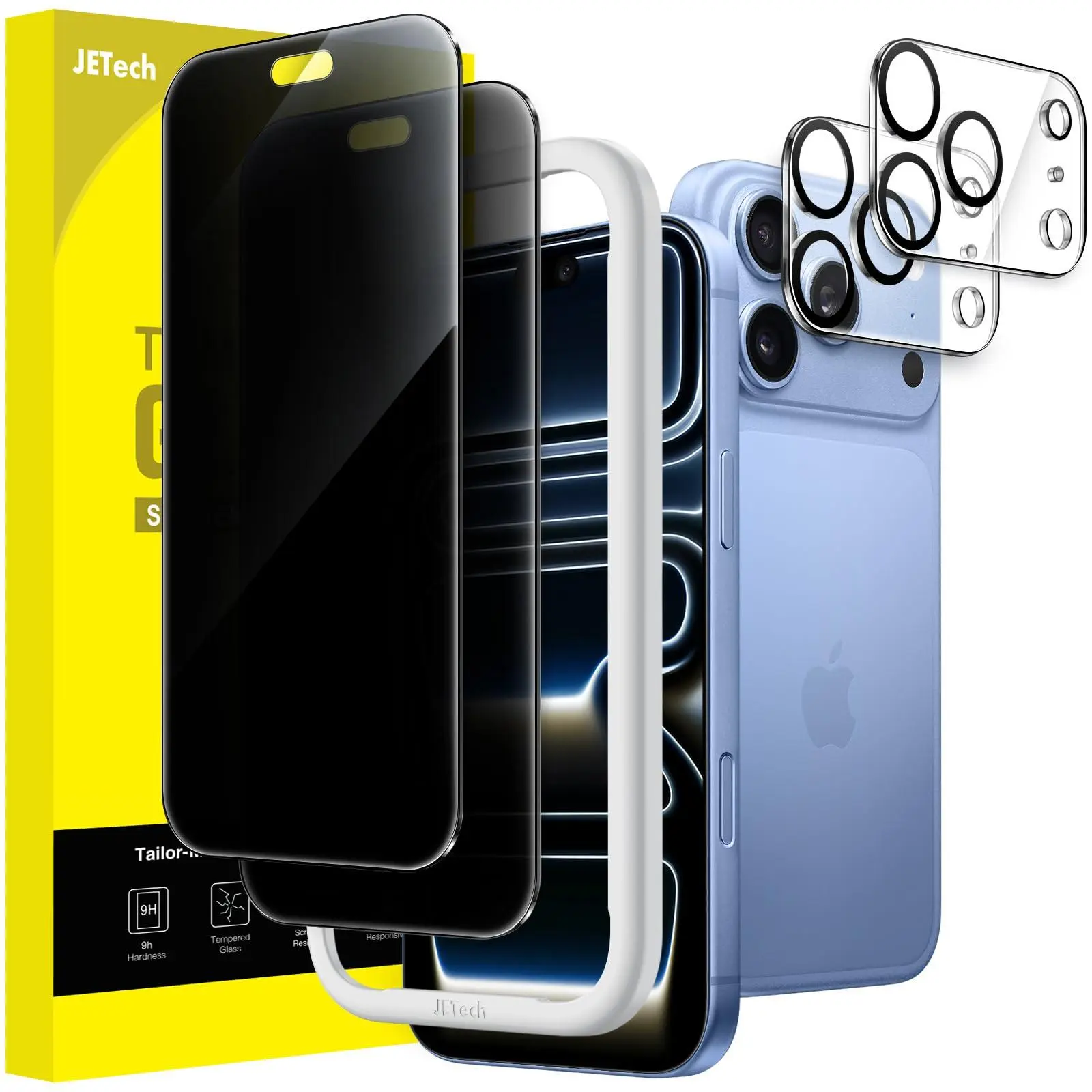 JETech Privacy Phone Accessories for iPhone 18 Pro Series (2+2-Pack) - 9H Hardness Tough Screen Protector iPhone, Oleophobic Glass Film Phone Screen Protectors, Camera Lens Guard, Anti-Spy, Scratch-Resistant, Easy Installation