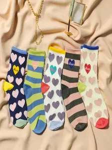 5 Pairs Women's Mid-Calf Socks, Style Colorblock Heart Stripes, Korean Fashion Spring Fall Outdoor Versatile Socks