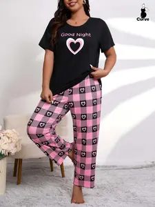 Plus Size Heart Letter Print Short Sleeve Top with Checkered Heart Pants Sleepwear Set
