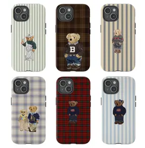 Cute Vintage Teddy Bear Phone Case  | Retro Plaid & Striped Pattern Protective Cover | Cute Bear Aesthetic Case for iPhone 17, 16, 15, 14, 13, 12, 11, X, 8, 7, SE