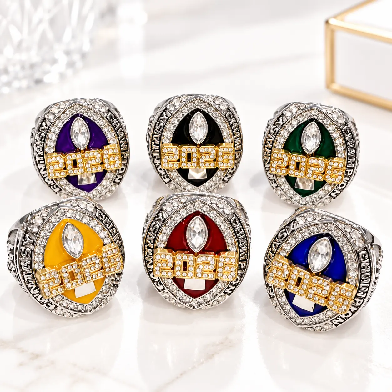 2026 Fantasy Football Championship Custom League Winner Trophy Ring - Crystal Rhinestones, Geometric Shield Design, Bold Fashion, Polished Finish, Plated Alloy, Multi-Enamel, Sizes 9/11/13, Unisex Men’s/Women’s Award Gift