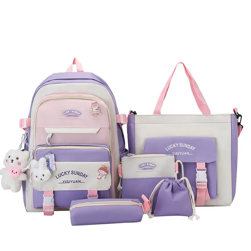 2026 New Model Elementary School Backpack for Girls, Large Capacity, Casual Backpack, Five-Piece Set