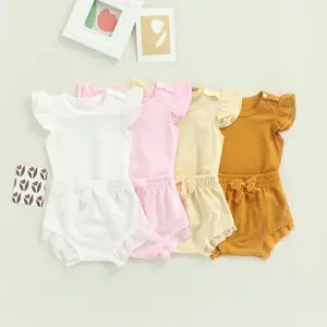 Infant Baby Girl Summer Outfit Fly Sleeve Solid Color Romper Crewneck Jumpsuit with Bowknot Lace Patchwork Shorts Cute Newborn Clothes