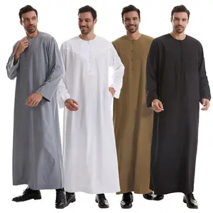 Modest Muslim Thobe for Men TH839 - Ramadan Eid Prayer Robe Solid Color Long Sleeve Loose Fit Breathable Cotton Blend Ethnic Clothing Maxi Formal