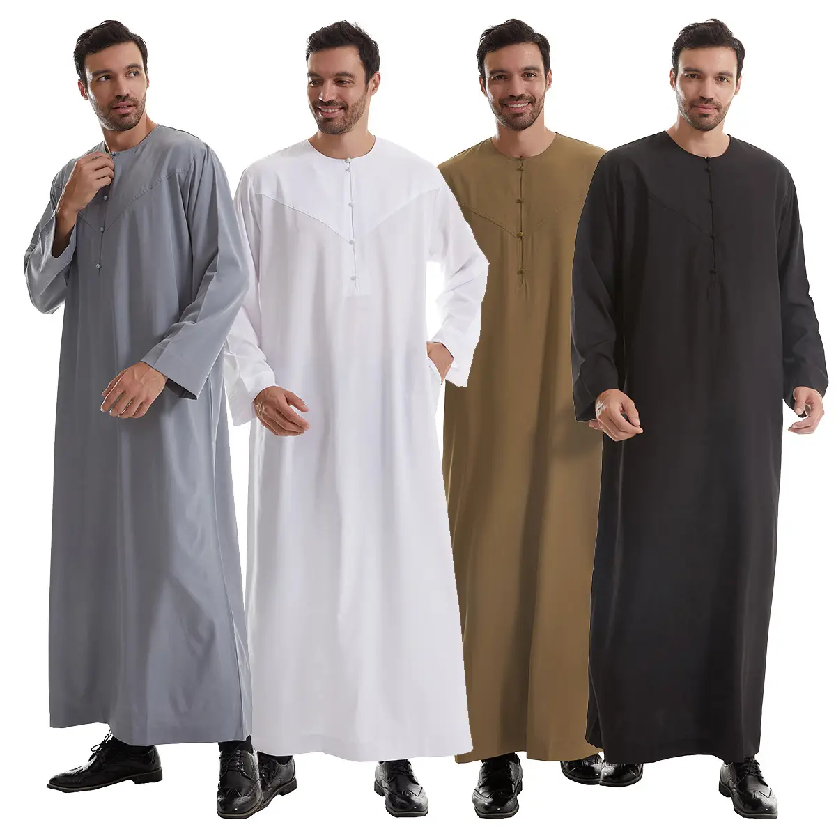 Modest Muslim Thobe for Men TH839 - Ramadan Eid Prayer Robe Solid Color Long Sleeve Loose Fit Breathable Cotton Blend Ethnic Clothing