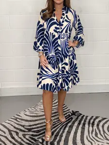 Womens Boho Blue Print Midi Dress V Neck 3/4 Sleeve Flowy Loose Fit Spring Summer Dress Easter Brunch Vacation Beach Casual Outfit for Mothers Day Holiday