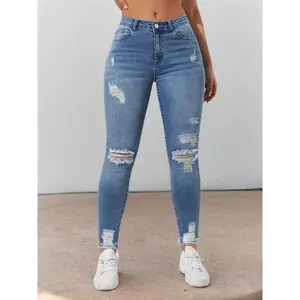 Women’s straight, tight, stretchy jeans—fashionable casual denim suitable for everyday outdoor wear; women’s underwear/garment for spring and autumn.