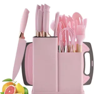 19 Piece Kitchenware Utensils and Knife Set- Includes: 9 Piece Silicone Cooking Utensils- 6 Piece Sharp Stainless Steel Chef Knives- Scissors -Whisk Tongs and Cutting Board