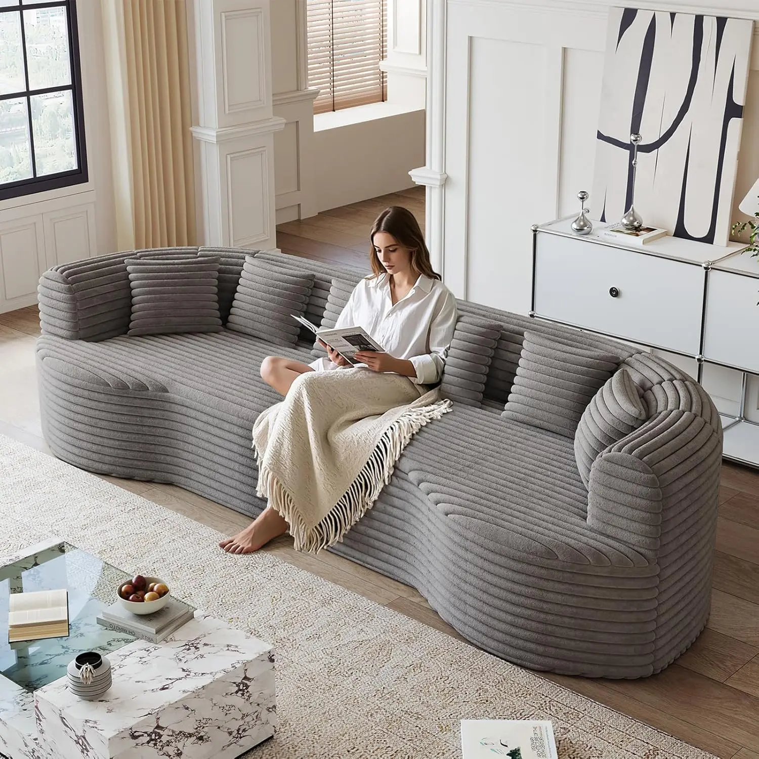 Oversized Curved Sectional Sofa, 111" Modern Boneless Modular 4-Seat Couch with 6 Cushions, Corduroy Deep Seating Sofas for Living Room, No Assembly Required, Gray