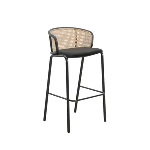 Ervilla Mid-Century Modern Wicker Bar Stool with Fabric Seat and Black Powder Coated Steel Frame