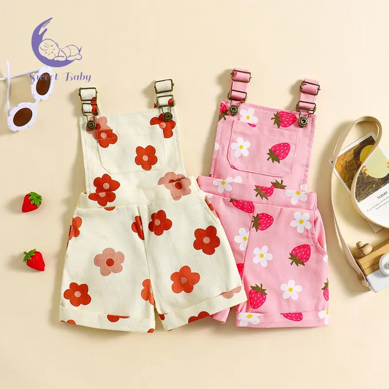 Baby Girls' Cotton-Blend Denim Suspender Strap Shorts Outfit Set - Flower/Strawberry Print Pink Casual Infant Toddler Clothes (2-3 Years, 140cm, Clearance)