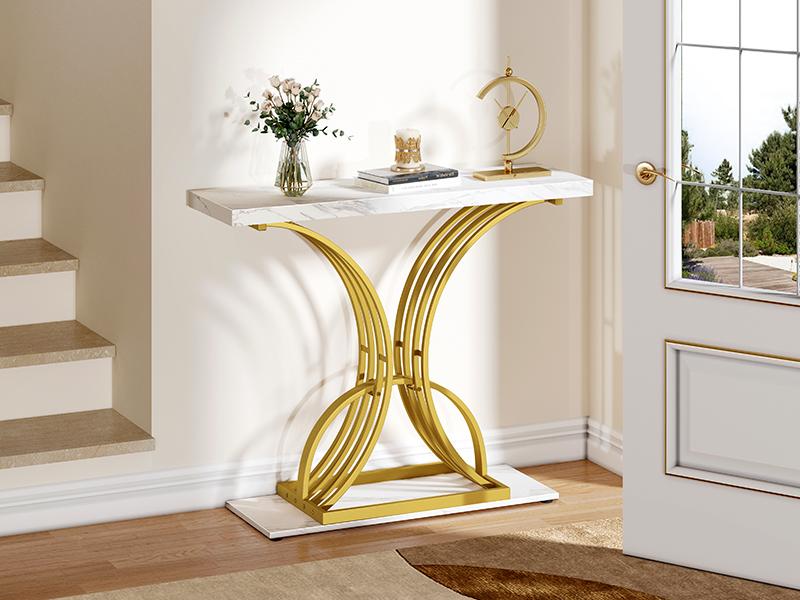 DWVO Gold Console Table, Modern Sofa Table for Living Room, Hallway, Entryway, 40 inch Narrow Entryway Table, Faux Marble White
