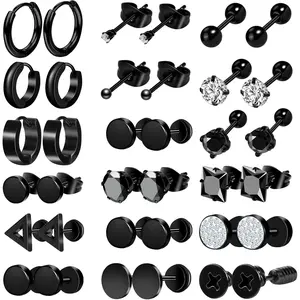 12/18 Pcs Mens Earrings Black Earrings for Men Stainless Steel Earrings Piercing Jewelry Stud Hoop Punk Earrings Set