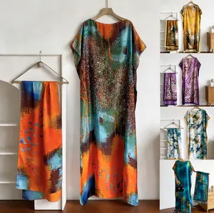 Women's Printed Maxi Dress and Scarf Set, Loose Fit Flowy Beach Cover-Up Dress, Boho Casual Outfit for Vacation