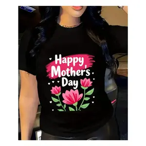 Happy Mothers Day T-Shirt for - Plus Size Black Short Sleeve Round Neck Casual & Sporty Summer Top with Floral & Geometric "Happy Mother's Day" Print, Comfortable Gift for Mom, Machine Washable