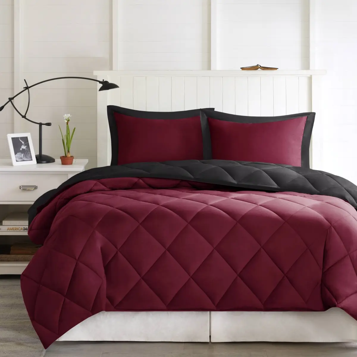 Madison Park Essentials BASI10-0601 3M Scotchgard Diamond Quilting Reversible Down Alternative Comforter Set, Red & Black - Twin & Twin Extra Large, Twin Size Bed, Microfiber Cloth, Diamond Quilted