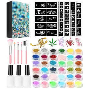 Temporary Glitter Tattoo Kit for Kids makeup,30 Body Glitter,3 Glitter Glue,5 Sheets Tattoos Stencil,5 Pcs Makeup Brush,6 Fluorescent Powder,Rhinestone Stickers,Holiday,Party,Nail Art
