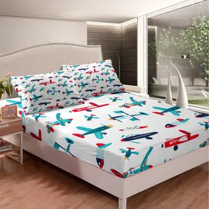 Feelyou Cartoon Pattern Airplane Bedding Set - Novelty Fitted Sheet & Bed Cover, Cute Aero Vehicle-Themed Linens for Bedroom Decor, Beddingsets