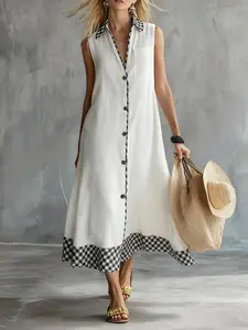 Women's Elegant Resort Wear Summer Lightweight White Midi Dress, Sleeveless Collared Button Down Gingham Trim Flowy Fit, Suitable for Beach Vacation Cruise Daily
