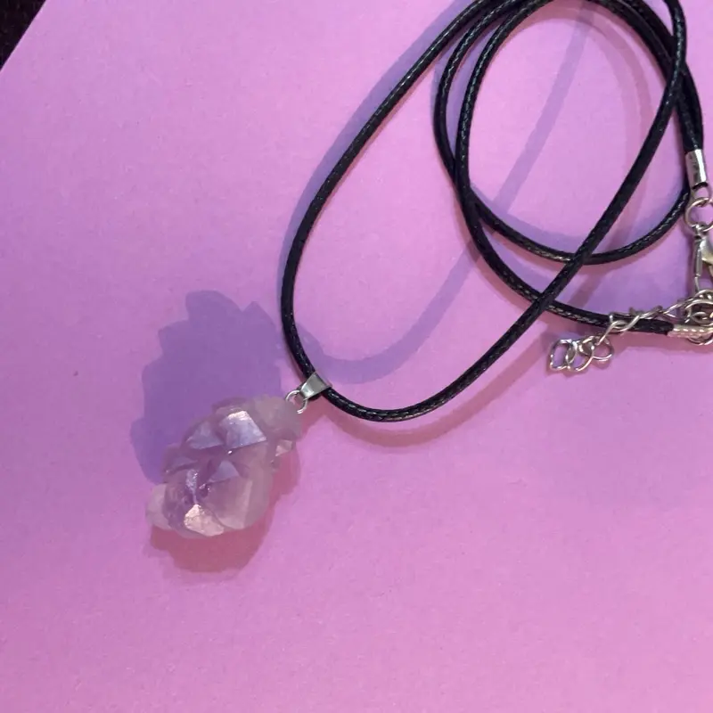 16”-18” Genuine Amythest Crystal Necklace with Black Leather Cord and Silver Clasp for Women