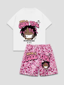 Two-Piece Set Men's Cartoon Graphic Print Short Sleeve Tee & Camo Print Shorts, Regular Fit Casual Fashion Cozy Round Neck Shortsleeve T-shirt & Shorts for Daily Outdoor Wear, Men Two-piece for Summer, Menswear