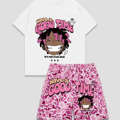Two-Piece Set Men's Cartoon Graphic Print Short Sleeve Tee & Camo Print Shorts, Regular Fit Casual Fashion Cozy Round Neck Shortsleeve T-shirt & Shorts for Daily Outdoor Wear, Men Two-piece for Summer, Summer Outfits Set, Clothing, Menswear