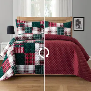 Burgundy 3-Plaid Patchwork Microfibre Quilt - Durable Heavy-Weight Premium Stitching Coverlet with Matching Pillow Shams, Machine Washable for Women, Teens, Twin XL Size