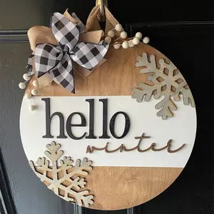 Hello Winter Front Door Decor, Wall Window Hanging Decor, Farmhouse Winter Room Decor, Home Decor, Winter Wreath for Front Door, Wall Hanging Ornament