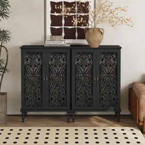 [SummerVibes] Black Accent Cabinet with Hand-Carved Gold Accents, 47" Tall Storage Organizer, Vintage Sideboard Buffet for Entryway, Living Room, Bedroom, Retro Wood Console, Furniture Aesthetic, Easy Assembly, Home Decor Ideas tiktokshopspringglowu