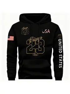 Chicago 23 Usa Graphic Hoodie, Premium Fleece Fabric, Trendy American Flag Print, Comfortable Casual Streetwear, Men's Loose Fit Pullover