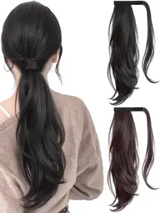 18 inch wrap-around ponytail extensions, lightly curled medium-long hair, natural look for women, heat-resistant synthetic wavy hair extensions, Synthetic Curly Hair