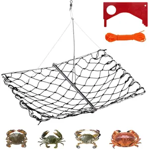 1 Pack/2 Pack Crab Trap, Castable Crabbing Net with Bait Clip Foldable Crab Snare with Red Gauge & Bait Clip for Dungeness, Blue Crabs & Lobster - Crabbing