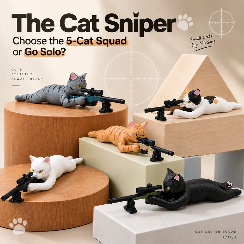 Sniper Cat Gacha Capsule, Cat Figurine Holding Sniper Rifle, Set of 5 Styles, Desktop Ornament, Car Dashboard Decor, Collectible Toy for Cat Lovers Pvc Material