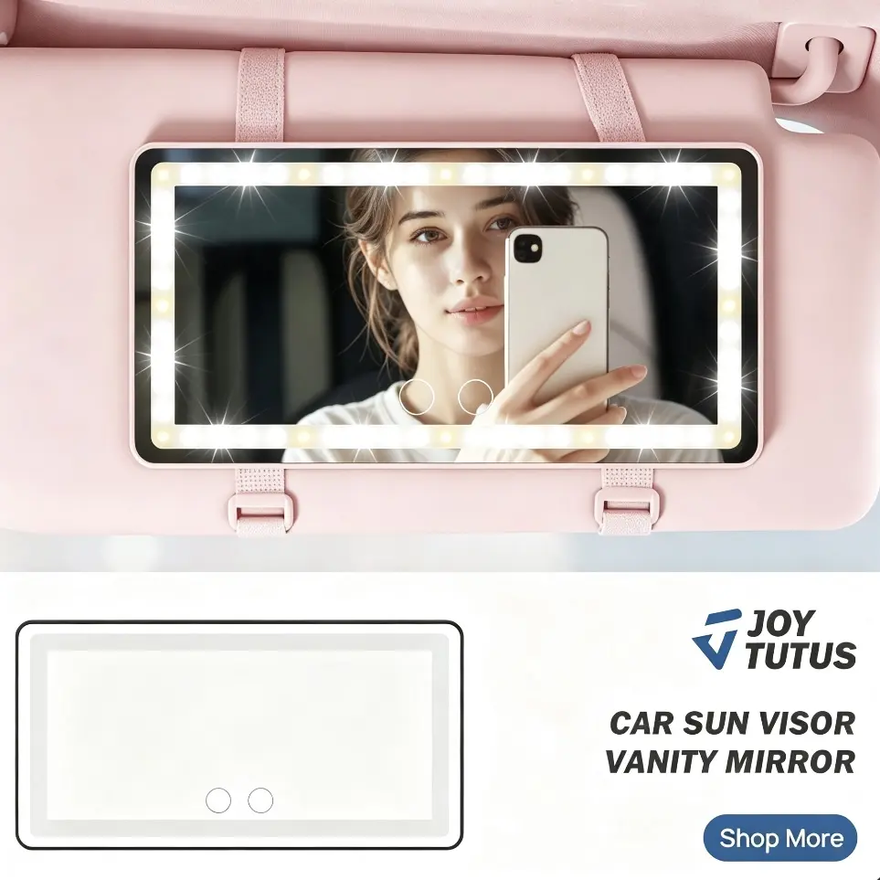 【Summer Survivals】Joytutus Car LED Sun Visor Vanity Mirror - 3 Light Modes, Adjustable Dimming, Long Battery Life, Portable Compact, USB Rechargeable for Vehicle & Home, Car Accessories, Summerfinds - Black/Pink