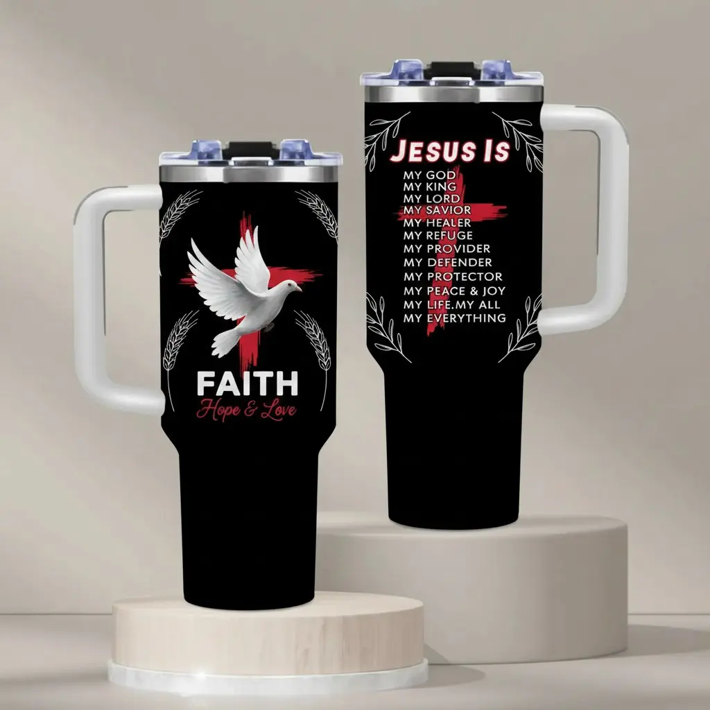 1PC Double-Sided Christian Faith 40oz Insulated Traveler Tumbler BPA Free With Handle & Straw - One Side Displays "FAITH Hope & Love" with Holy Dove, Cross & Wheat Motifs, the Other Features "Jesus Is My God, My King, My Lord, My Savior" Inspirationa