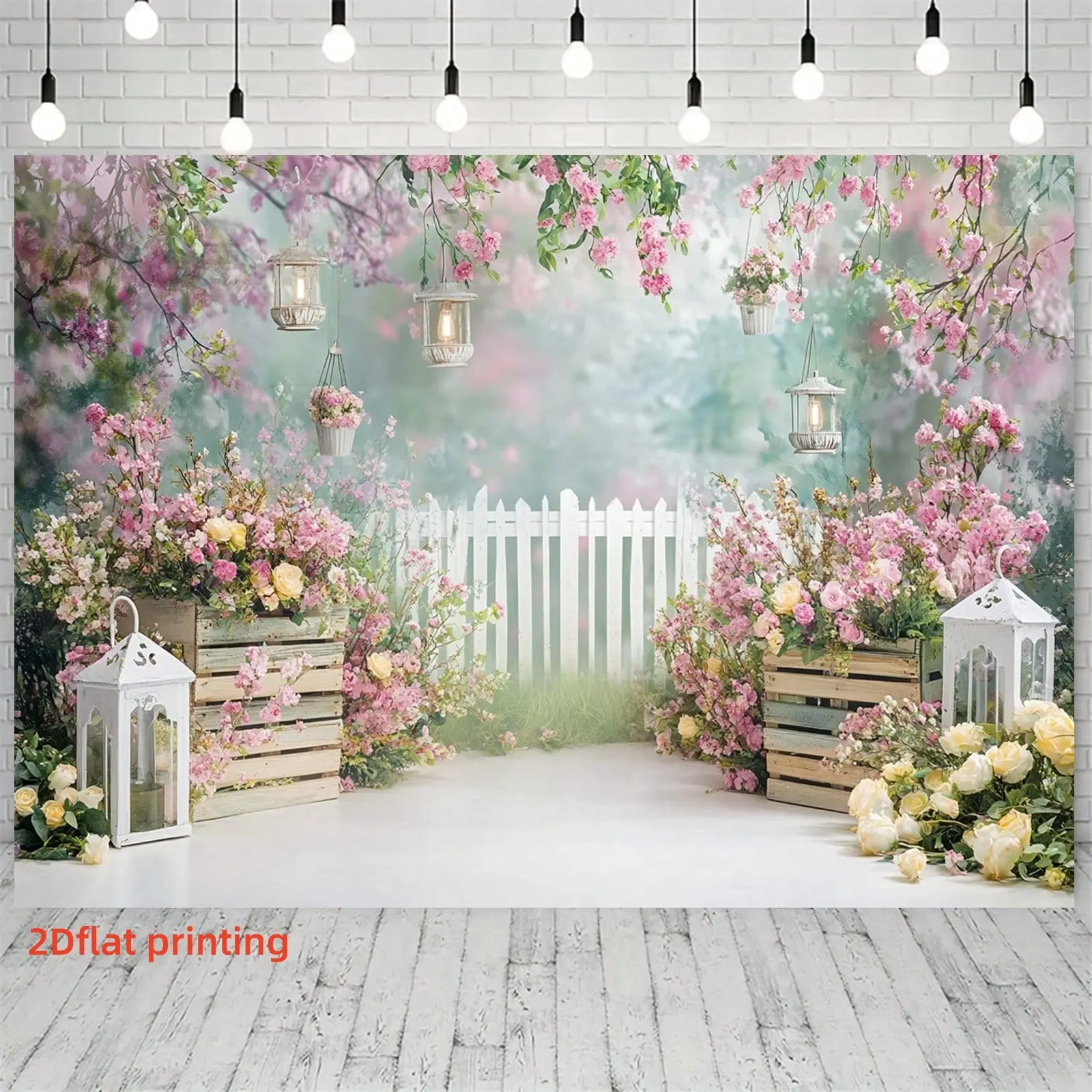 2DFlat1pc Spring Garden Style Backdrop Banner, With Pink Cherry Blossoms, White Fence and Vintage Lantern Elements, Ideal for Forest-Style Wedding, Birthday Party, Afternoon Tea Photoshoot Decoration, Can Be Used as Photo Background or Wall Hanging