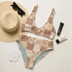 Moroccan Desert Tile Recycled High-Waisted Bikini, Women High Waisted Bikini Set Earthy Boho Mosaic Print Two Piece Swimsuit Summer Tropical Beach Getaway Sunbathing Comfy Cute Swimwear Girls