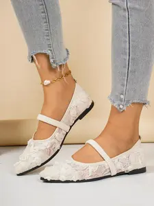 Romantic Lace Rose Mary Jane Shoes, Pointed Toe Breathable Elastic Strap, Casual Floral Pattern, Daily Commute Versatile Women's Shoes, Rubber Walking Shoes