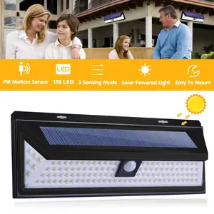 118 LED Solar Outdoor Light with 3 Modes, Automatic Light On, PIR Motion Sensor, Outdoor Security Lamp Garden, Weatherproof for Exterior Walls, Garage dDoors, Corners, Courtyards, Garden