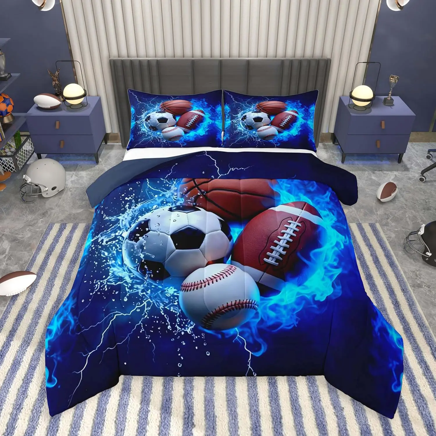 Boys Sports Comforter Set Football Baseball Soccer Bedding Set s Basketball Microfiber Kids Bedclothes Ball Game Sports Bedroom Decor Blue Duvet Quilt Breathable Soft