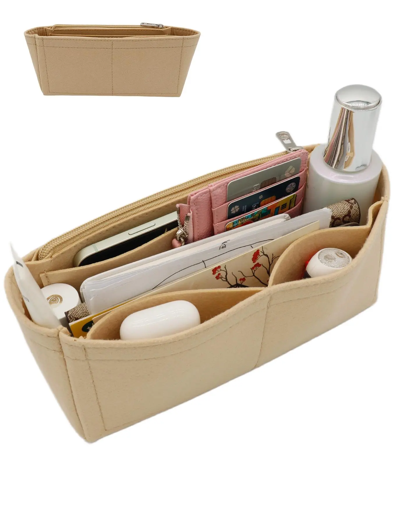 Felt Bag Organizer with Zipper, Multi-grid Bag Organizer, Bag Organizer for Women's Handbag, Shoulder Bag, Crossbody Bag, Travel Organization Pouch, Travel Essentials Bag, Travel Accessories, Bag Organizer Pouches