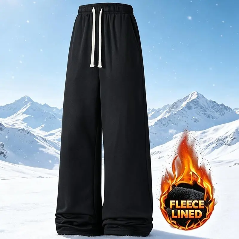 Men’s winter fleece-lined thick wide-leg straight-cut casual athletic pants with an elastic drawstring waistband; a soft fabric with a fluid drape and deep pockets, suitable for everyday wear and street style. Men’s soft, slightly stretchy wide-leg sports