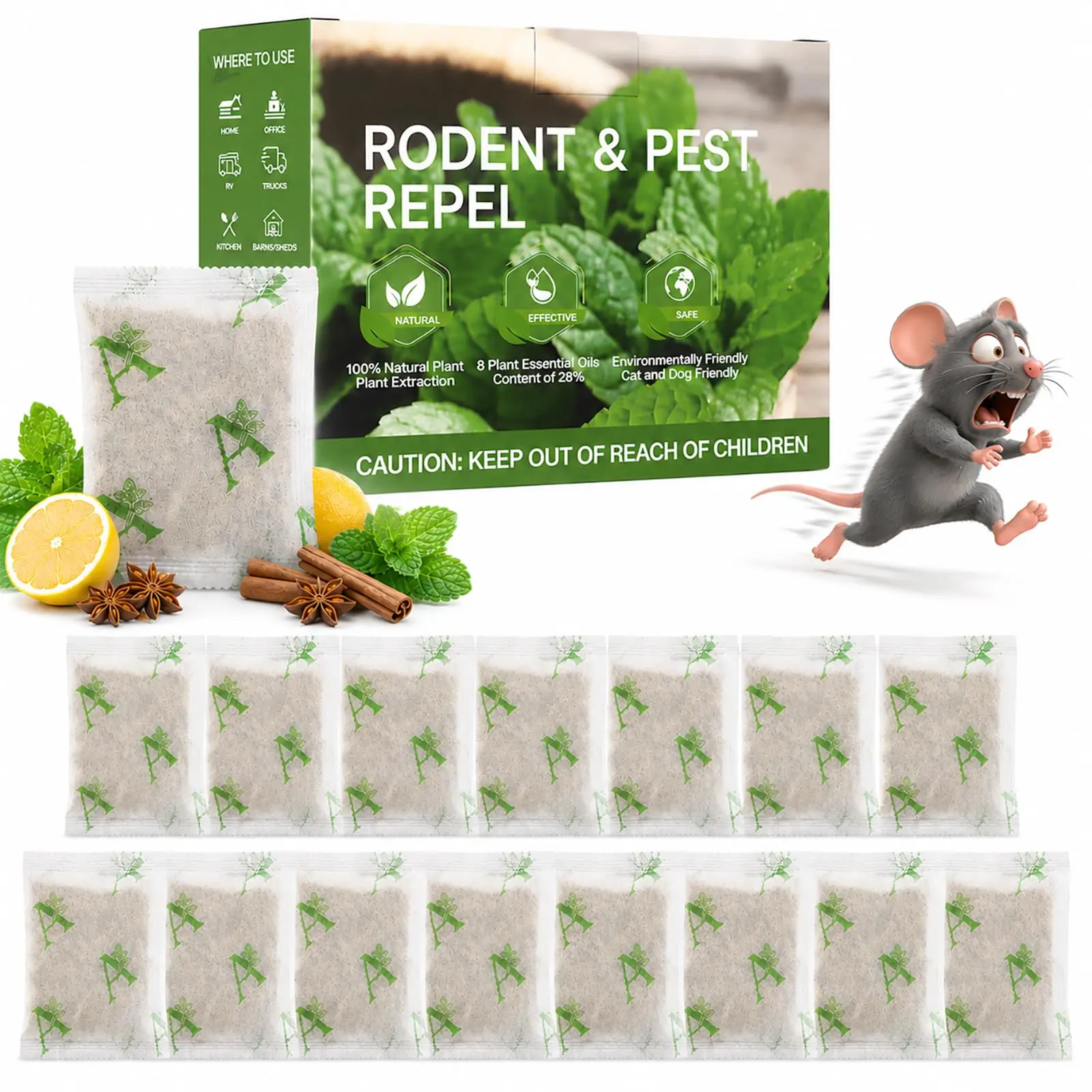15-Pack Peppermint & Cinnamon Oil Pest Control Solutions Pouches, Rodent Deterrent for Mouse, Rat, Squirrel & Bat, Safe for Family & Pets, 90-Day Effectiveness for Home, Garage, Indoor Pest Control, Anti Mosquito Multi-Insect Mosquito Killer, Mosquito Kil