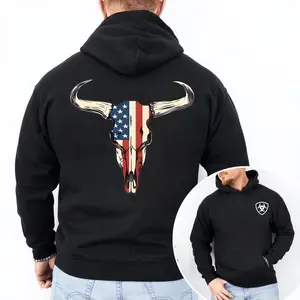 Western Outfit Rodeo Hoodie Menswear Logo On Front And Detailed Bull Skull With Flag American Design On Back. Ideal For Western Wear And Outdoor Adventures
