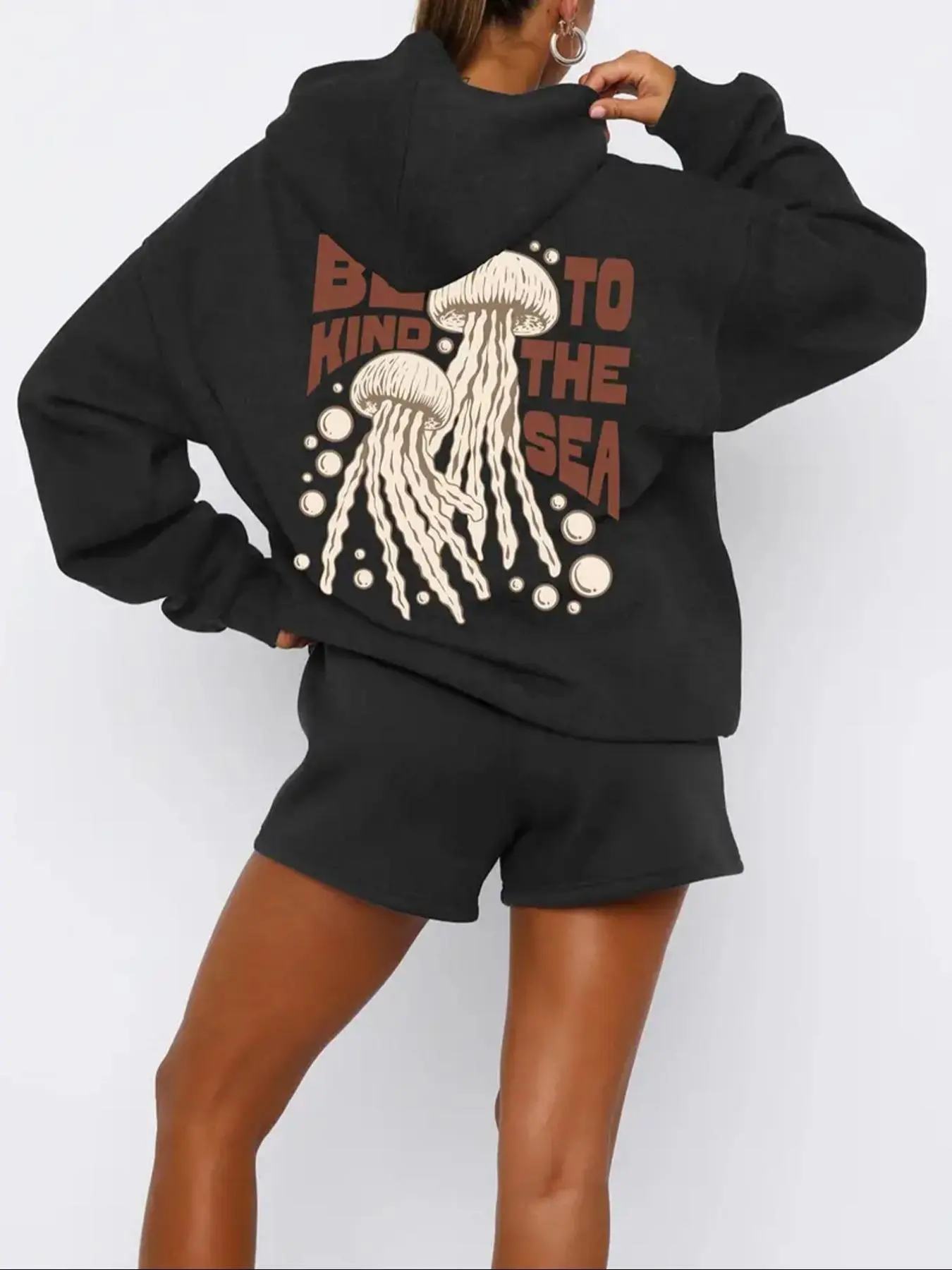 Women's Jellyfish & Letter Print Hoodie, Casual Long Sleeve Drawstring Hooded Sweatshirt for Daily Holiday Outdoor Wear, Ladies Clothes for Fall & Winter