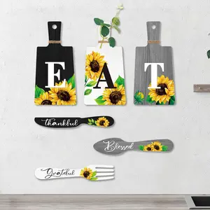 Set of 6 Sunflower Kitchen Decor Sets Eat Signs Fork and Spoon Wooden Wall Hanging Plaques Farmhouse Sunflower Kitchen Decor and Accessories