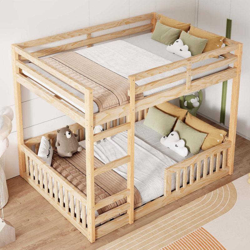 【Bellemave】Full over Full Wood Bunk Bed with Ladder and Guardrails, Natural(Expected Arrival Time: 7.3)