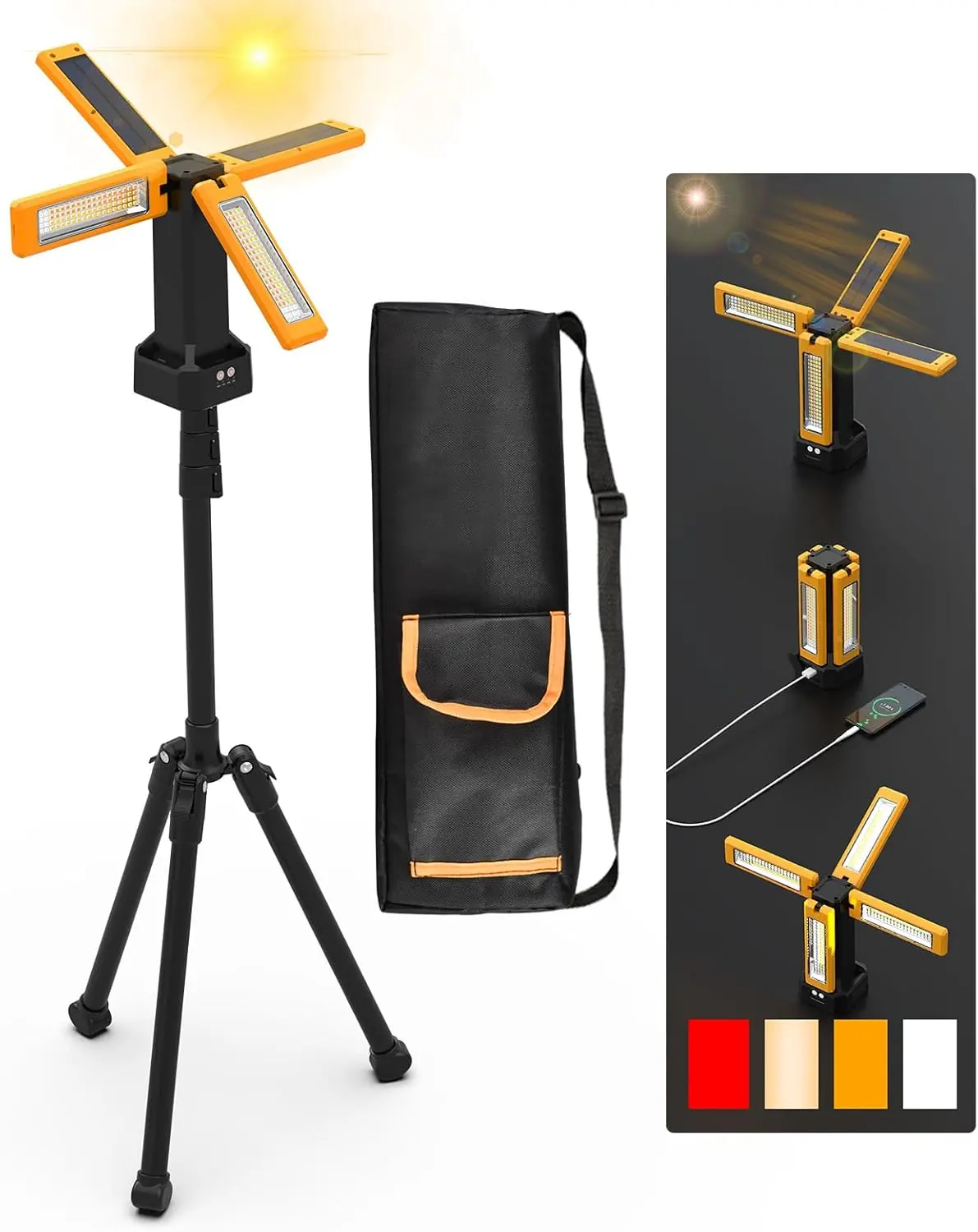 13200mAh Rechargeable Solar Work Light IPX4  with Folding Stand and Carrying Bag,  8000 Lumen Cordless Camping Light, White/Warm/Nature White/RED(SOS) with Detachable Tripod