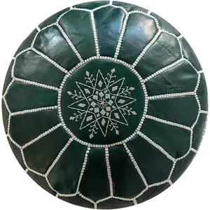 Embroidered Leather Pouf Ottoman - handmade Moroccan Pouf